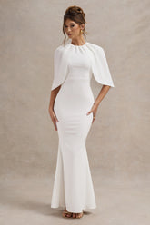 White Draped Short-Sleeve Maxi Dress